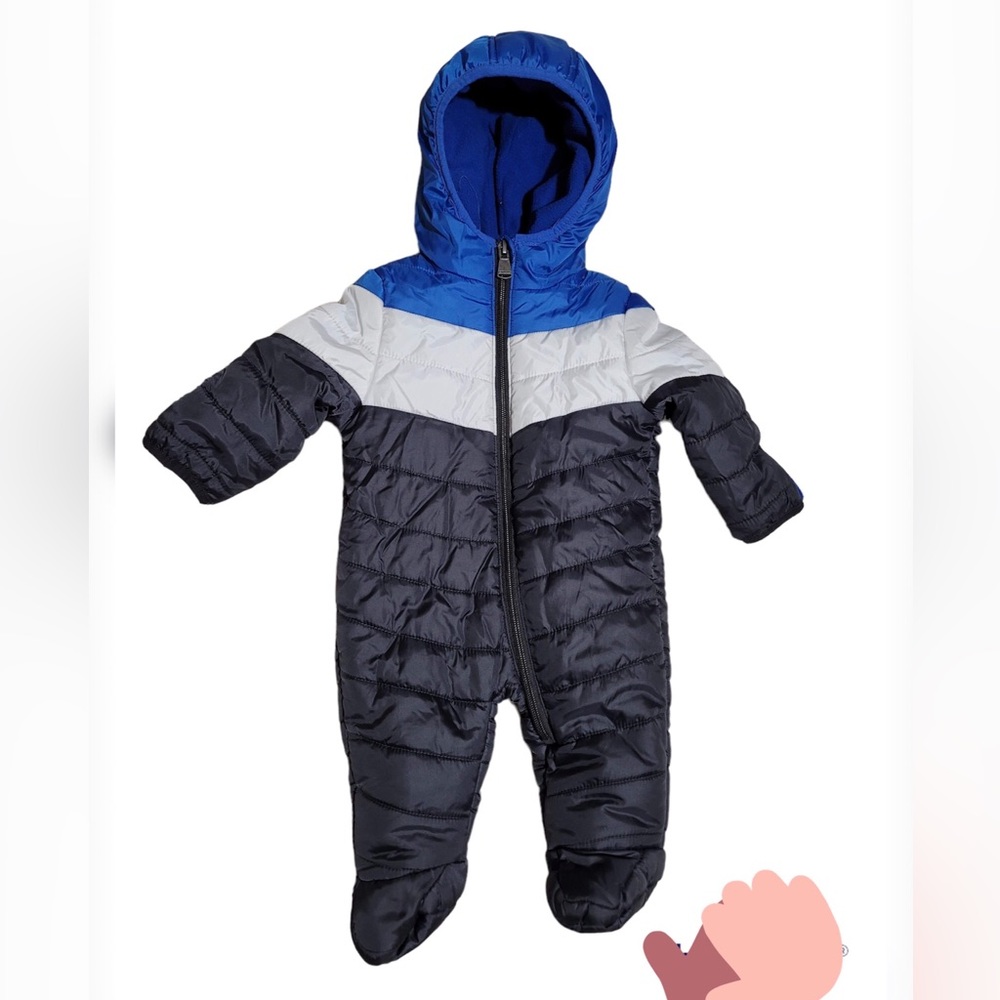 Perry Ellis Quilted Color Block Hooded Pram in Charcoal/Blue0-3 Months